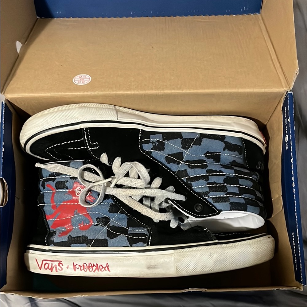 Vans Black and Blue Checkered High-Tops with Red Accents